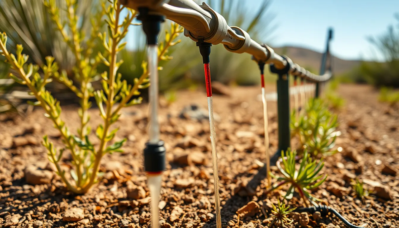 Close-up of a drip irrigation line and emitter watering a desert-adapted plant bed with gravel groundcover in Maricopa, AZ