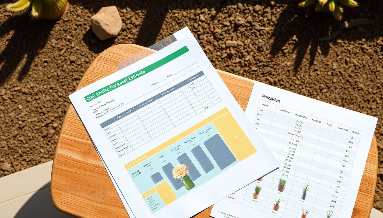 Landscaping contractor and homeowner reviewing a cost estimate and site plan on a clipboard in a desert Maricopa, AZ backyard