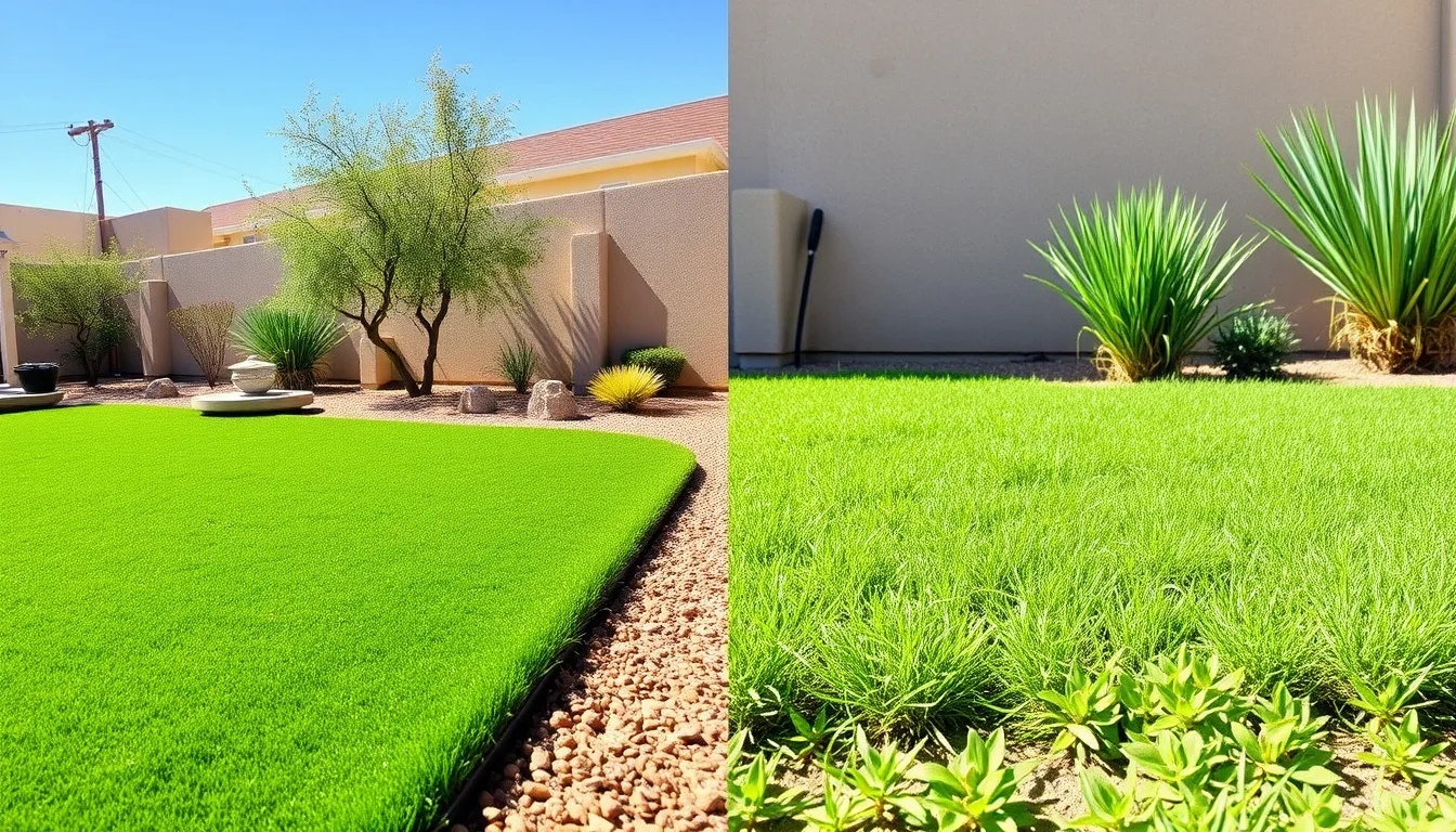 Artificial turf lawn next to a natural grass section for comparison