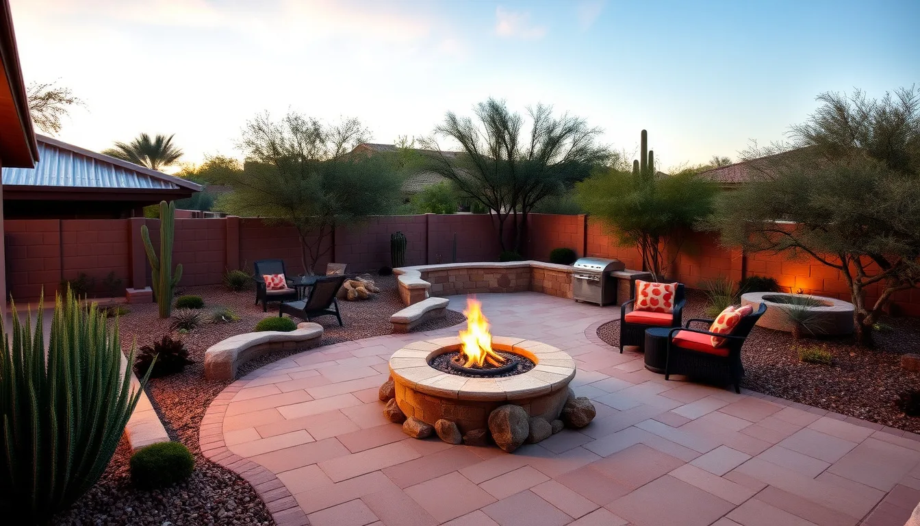 Paver patio with a built-in fire pit and desert planting beds in a Maricopa, AZ backyard, graded for monsoon drainage