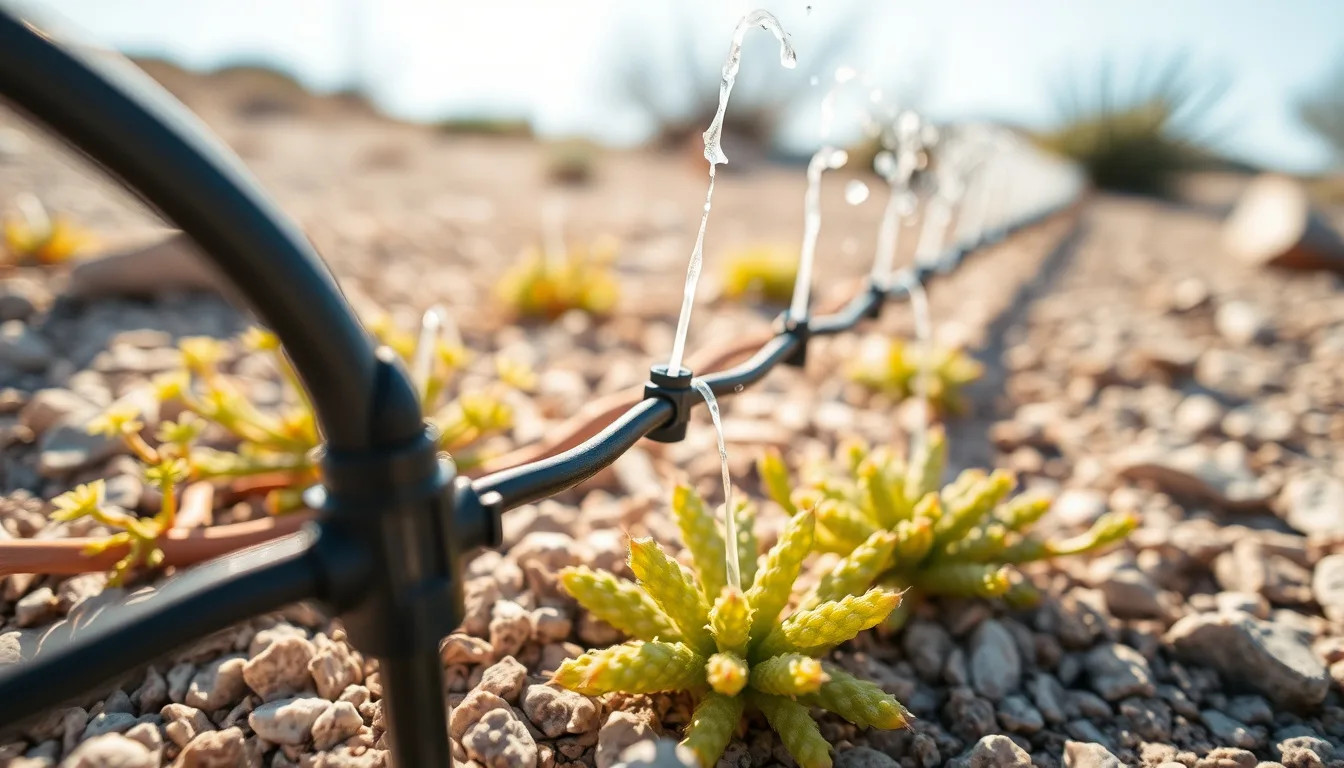 Technician repairing a drip irrigation line and emitter along a desert planting bed in a Maricopa, AZ yard