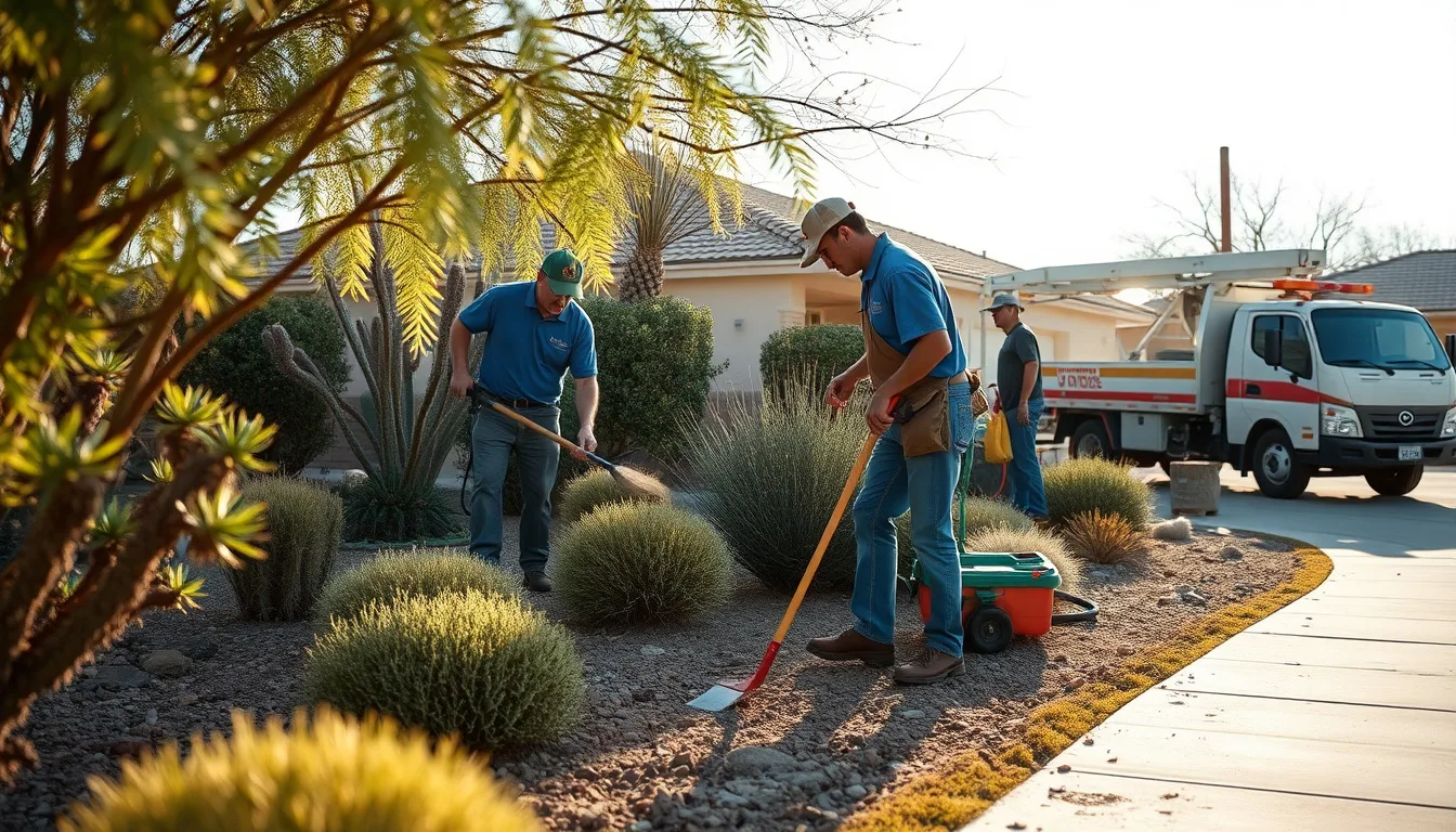 Landscape maintenance crew pruning desert shrubs and clearing a decomposed-granite bed in a Maricopa, AZ front yard